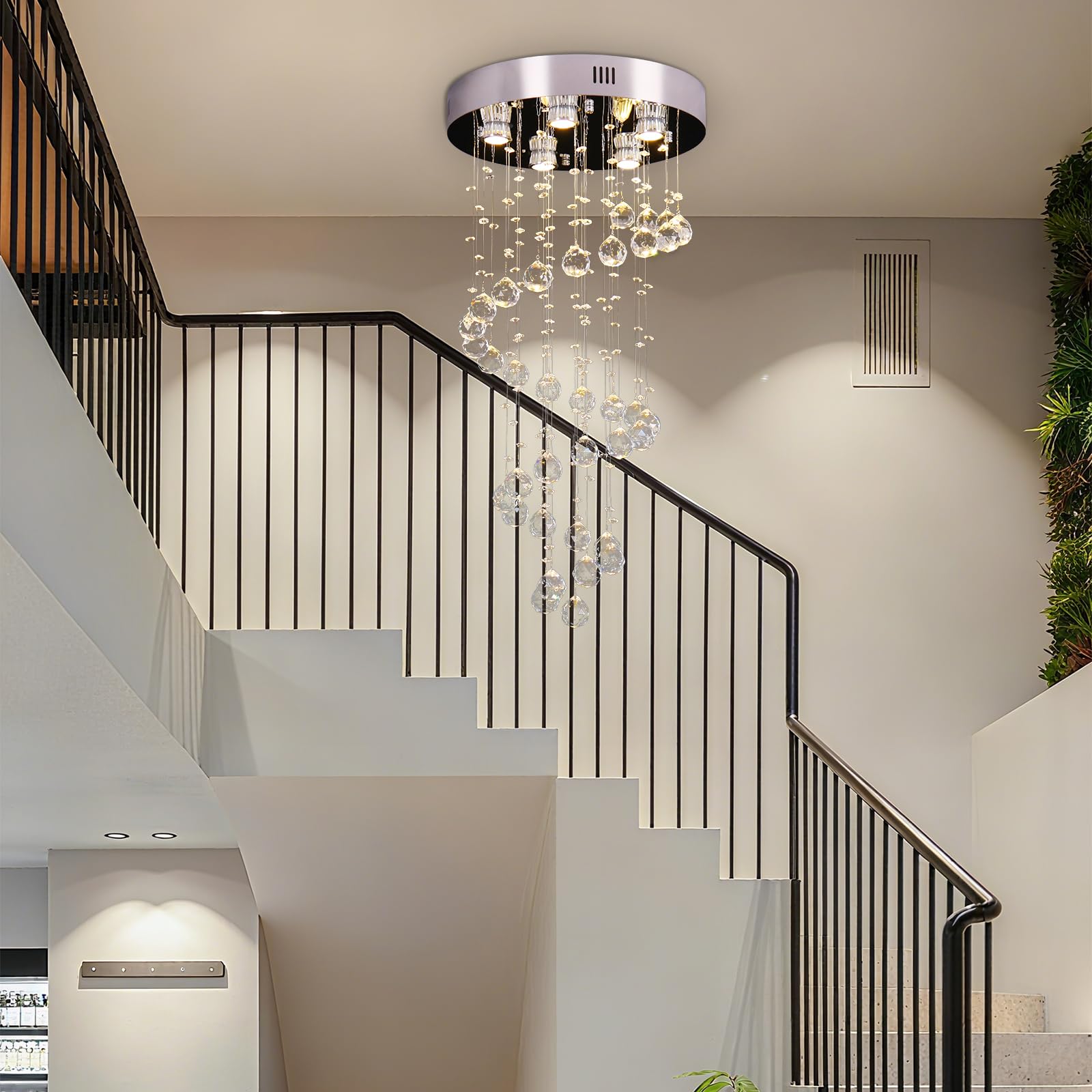 FRIXCHUR Spiral Crystal Chandelier 31" Modern Raindrop Flush Mount Pendant Light for High Ceilings 5-Lights K9 Crystal Ball Chandeliers for Dining Room Kitchen Hallay