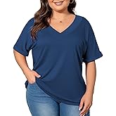 CARROTMOB Women's Plus Size Casual V Neck T-Shirt Loose Fit Short Sleeve Blouse Curvy Tunic Top Fashion Clothing