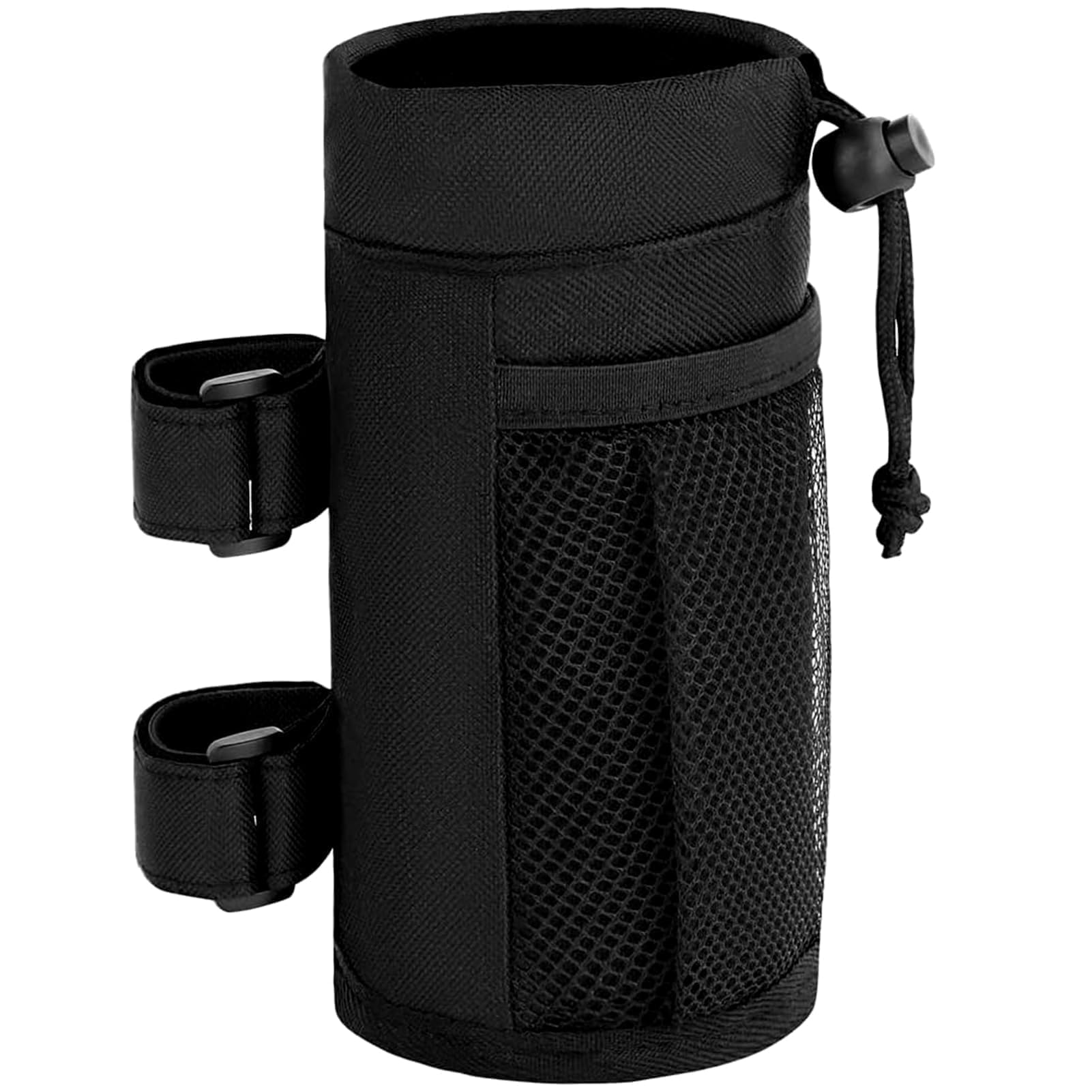Universal Bike Cup Holder with Mesh Pocket, Insulated Bottle Holder for Mountain Bike, Folding Handlebar Cup Holder with Drawstring, No Screw Bottle Cage for Wheelchair Folding