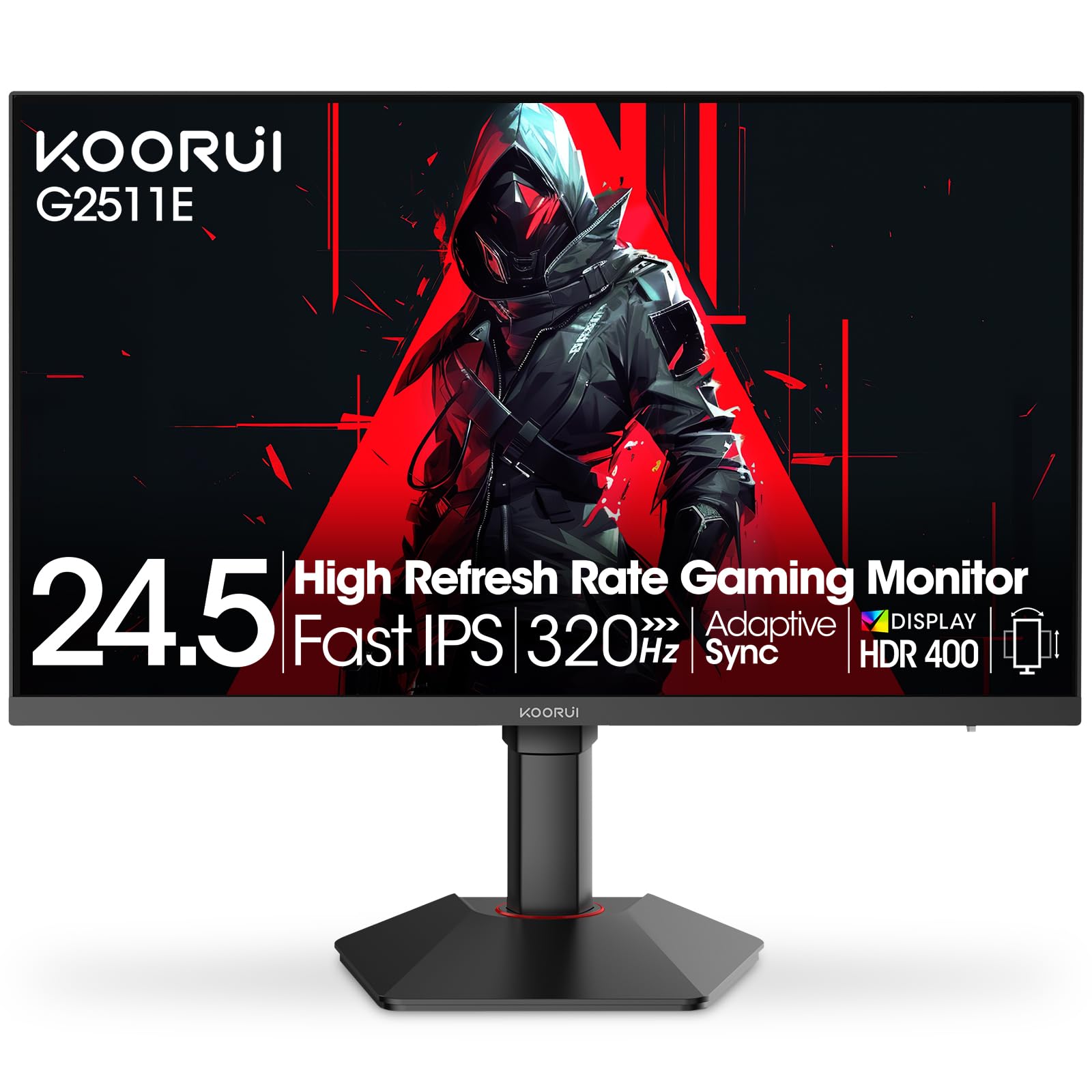 KOORUI 24.5 Inch Gaming Monitor, 1ms, 320Hz Monitor, HDR400, 95% DCI-P3, IPS Display, Adaptive Sync Compatible, Tilt Vertical Height Adjustable, VESA Mount 75x75mm, HDMI & DisplayPor,G2511E
