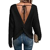 Verdusa Women's Open Back Sweater Waffle Pullover Knit Tops Twist Tie Cropped Sweaters Dailywear