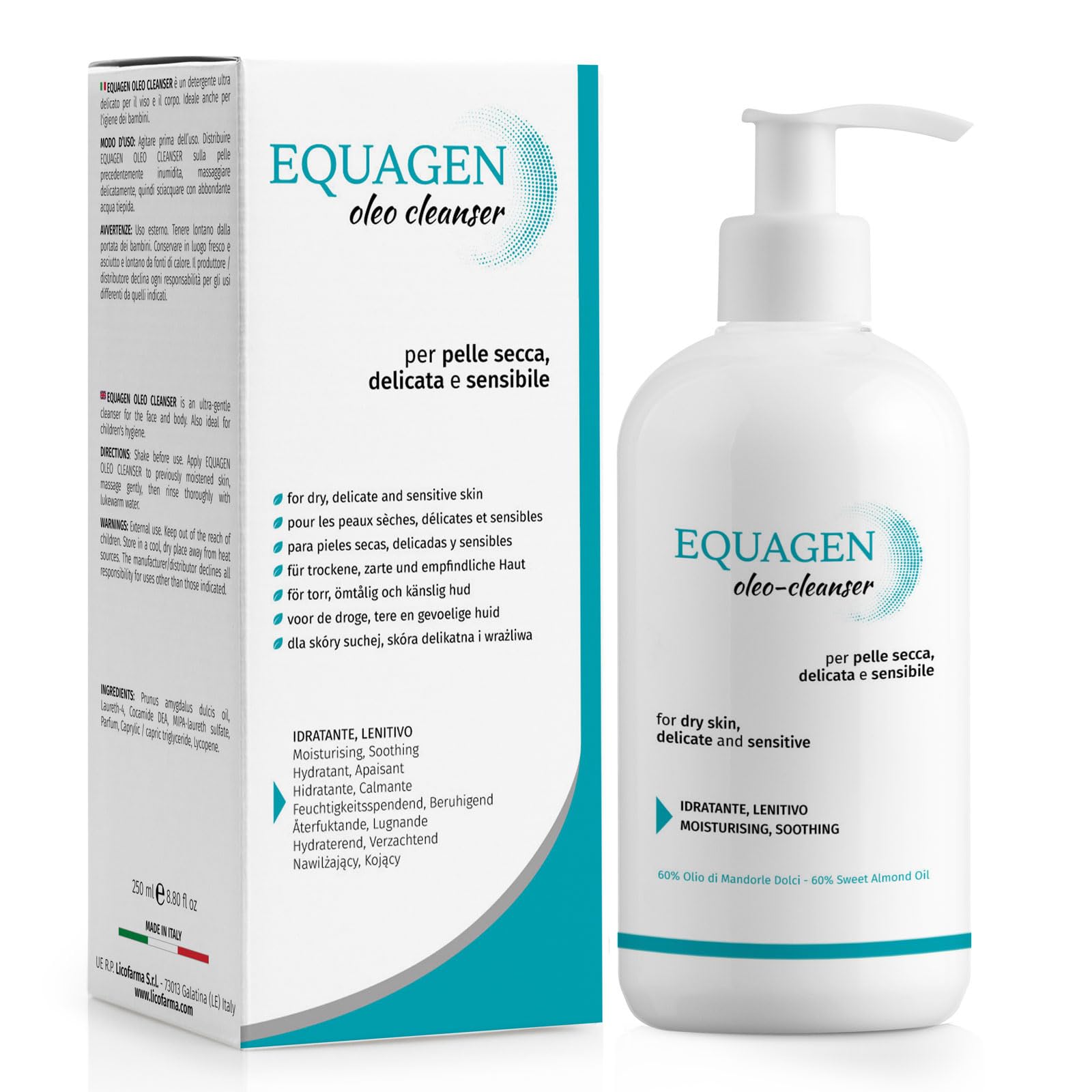 Equagen Cleansing Oil | Face Cleanser for Dry, Delicate and Sensitive Skin | 60% Sweet Almond Oil | Soothing, Emollient, and Moisturizing Action | 250 ml Bottle