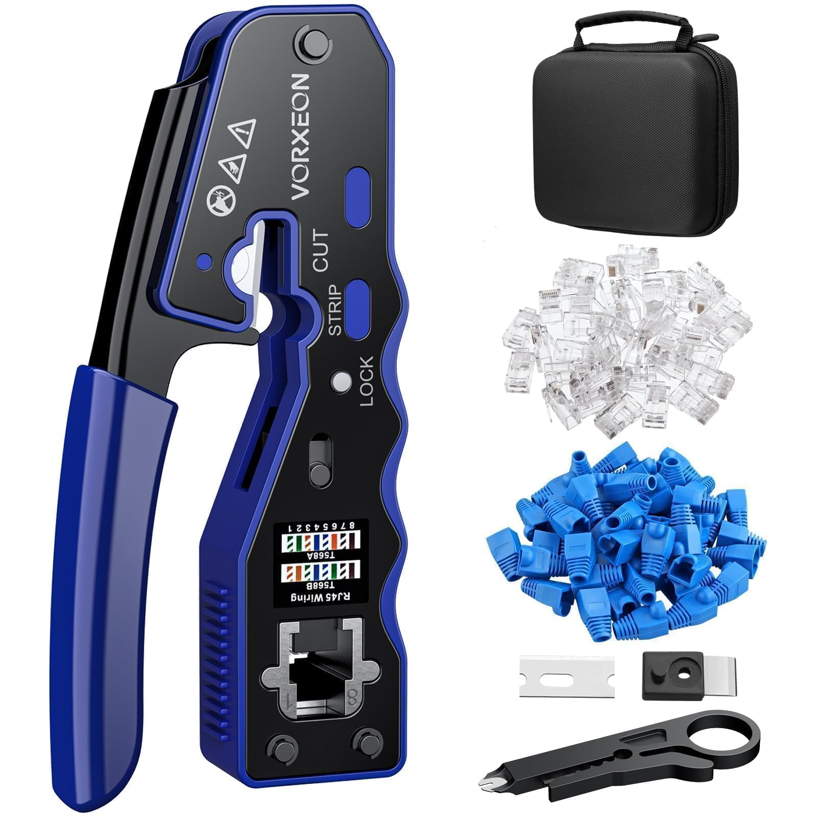 VORXEON RJ45 Crimp Tool Kit Ethernet Cat 6 Crimping Tool Pass Through RJ45 Crimper with Mini Wire Stripper, 50Pcs RJ45 Cat6 Pass-Through Crystals
