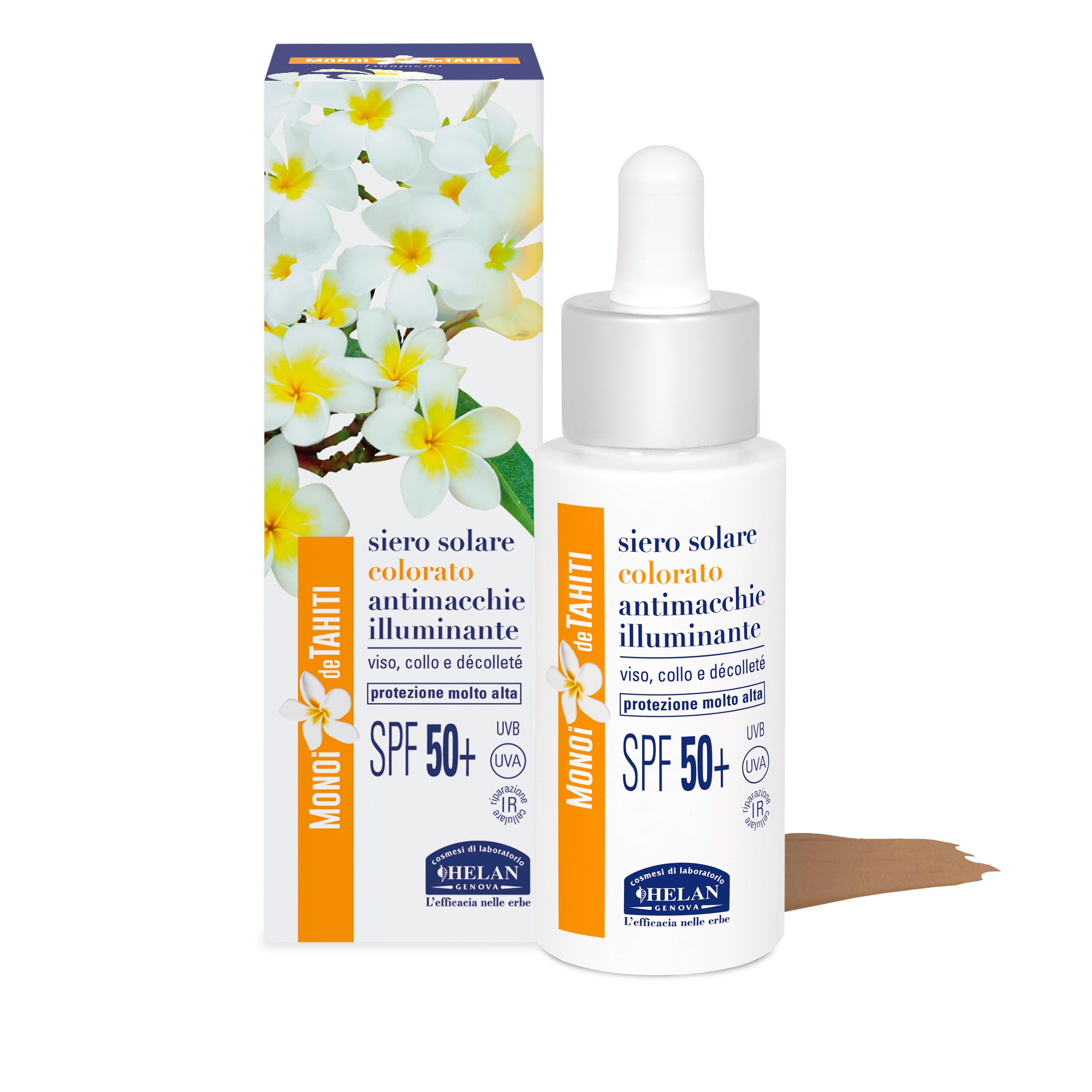 Helan Monoï de Tahiti - Tinted Moisturising Anti-Darkening Face Serum with Vitamin C and E, Skincare Sun Protection 50+ Face Protect Collagen against Blue Light, Illuminating Face Skin Care 2in1 30ml