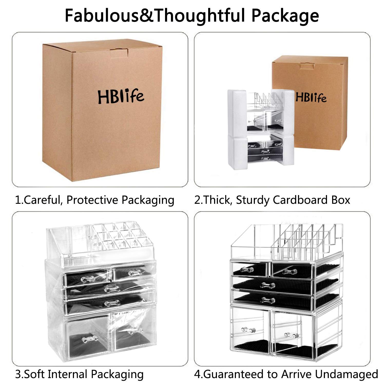 hblife Makeup Organizer 3 Pieces Acrylic Cosmetic Storage Drawers and Jewelry Display Box, Clear: Beauty