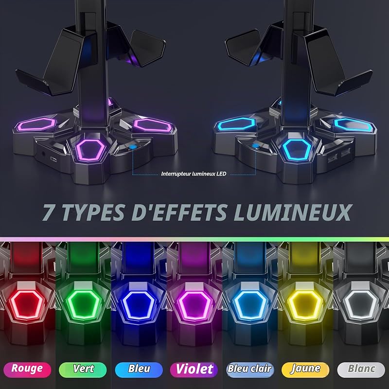 Support Casque Gamer, Porte Casque Rotatif avec 9 Modes de Lumière, Support Manette avec 2 Ports USB, Port 3.5 mm et Type C, Repose Casque & Porte Manette pour PS5 PS4 Xbox Series X One; Noir