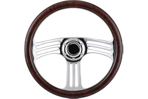 Steering Wheel, 350mm/14in Dark Wood Grip 6-Bolts Chrome 3 Spoke Steering Wheel Vintage Style