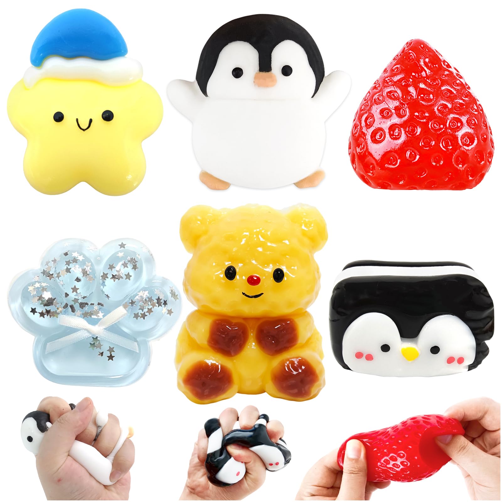 Audasi 6pcs Taba Squishy Set Biscuit Fruit Cat Paw Bear Penguin Strawberry Squishies Toys Fufu Squishy Toys for Adults Squeezeable Fidget Toys to Anxiety Relief Novelty Gifts for Birthday Christmas