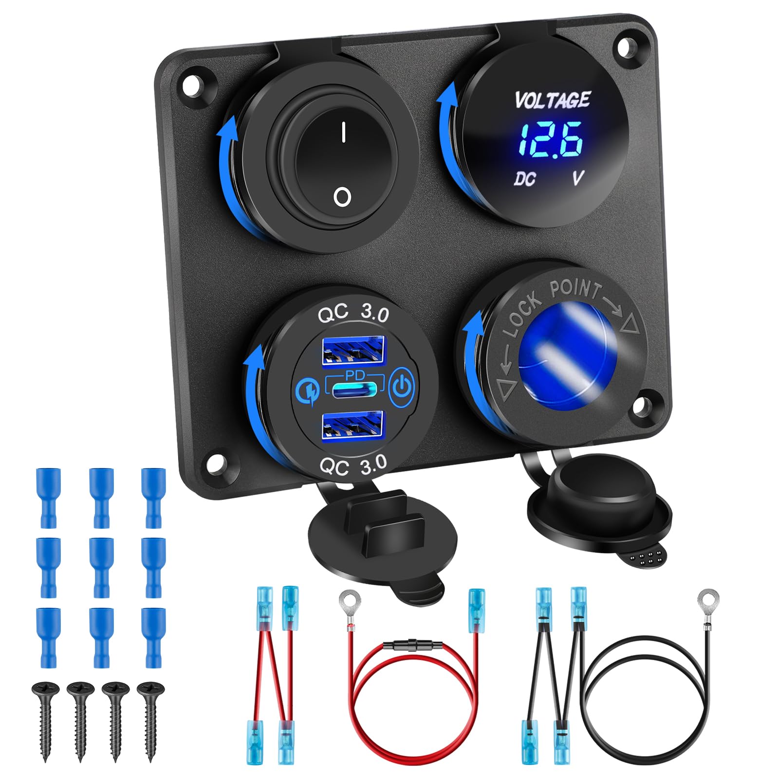 Photo 1 of 12V USB Charger Panel with PD 30W Ports& Dual QC3.0 18W: 4 in 1 Aluminum Waterproof RV USB Outlet, 150W Cigarette Lighter Socket, LED Voltmeter, Rocker Switch for Boat, Camper, Truck, Accessories
