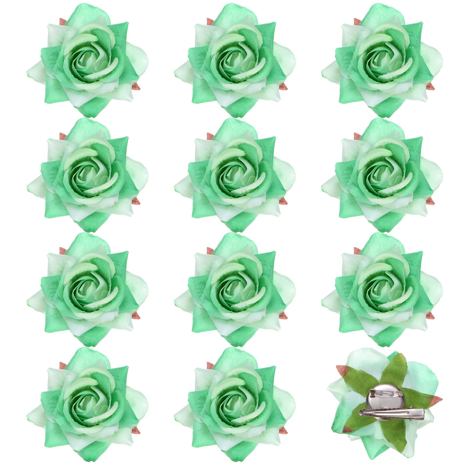 M METERXITY 12-Pack Rose Hair Clips, 2.56 Inch Flower Hairpin Cloth Floral Brooch for Bridal Wedding/Party/Women Hair Accessories, Hair Flowers Headpiece Floral Hair Pins [6.5cm, Green]