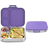 Howeemo Stainless Steel Bento Box Kids, Leak Proof Metal Bento Lunch Box,3 Compartments 304 Stainless Steel Bento Lunch Containers for School and Office,BPA-Free(Purple)