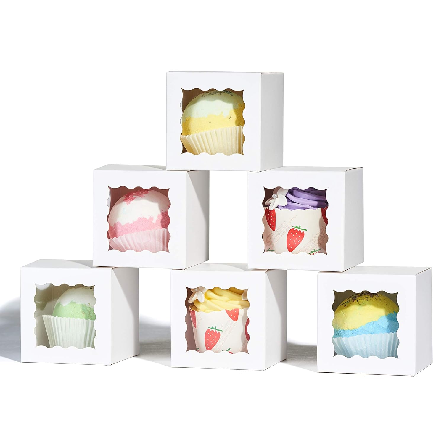 JCXPACK 50PCS 3 x 3 x 3 inches Professional White Mini Cupcake Boxes with Window, Hot Chocolate Boms Boxes, Small Single Favor Square Gift Boxes