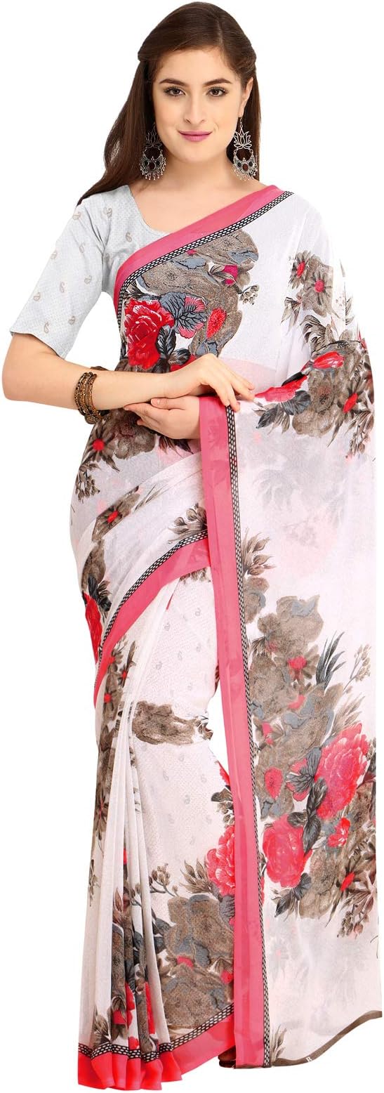 Women's Off White Georgette Printed Saree with Unstitched Blouse