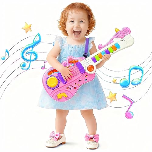Toddler Guitar Toys for 3 Year Old Girl, Kids Learning Toys, 2-in-1 Guitar & Piano Musical Instrument with Adjustable Strap and Neon Lights, Christmas Educational Gift for 3 4 5 Year