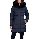 TAHARI Women's Fitted Quilted Puffer Coat With Attached Hood, Faux Fur Trim & Hand Warmer Pockets
