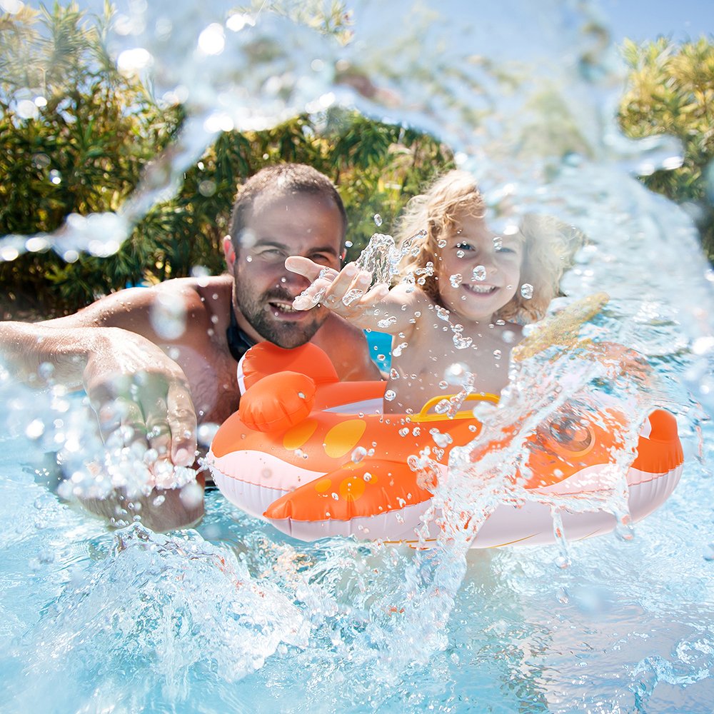 Peradix Flotadora para bebés 6meses-3 Años Barco Inflable Flotador con Sombrero para el Sol y Asiento Respaldo Techo Ajustable Juguetes de Desarrollo de Natación en Agua para Niños (Naranja)