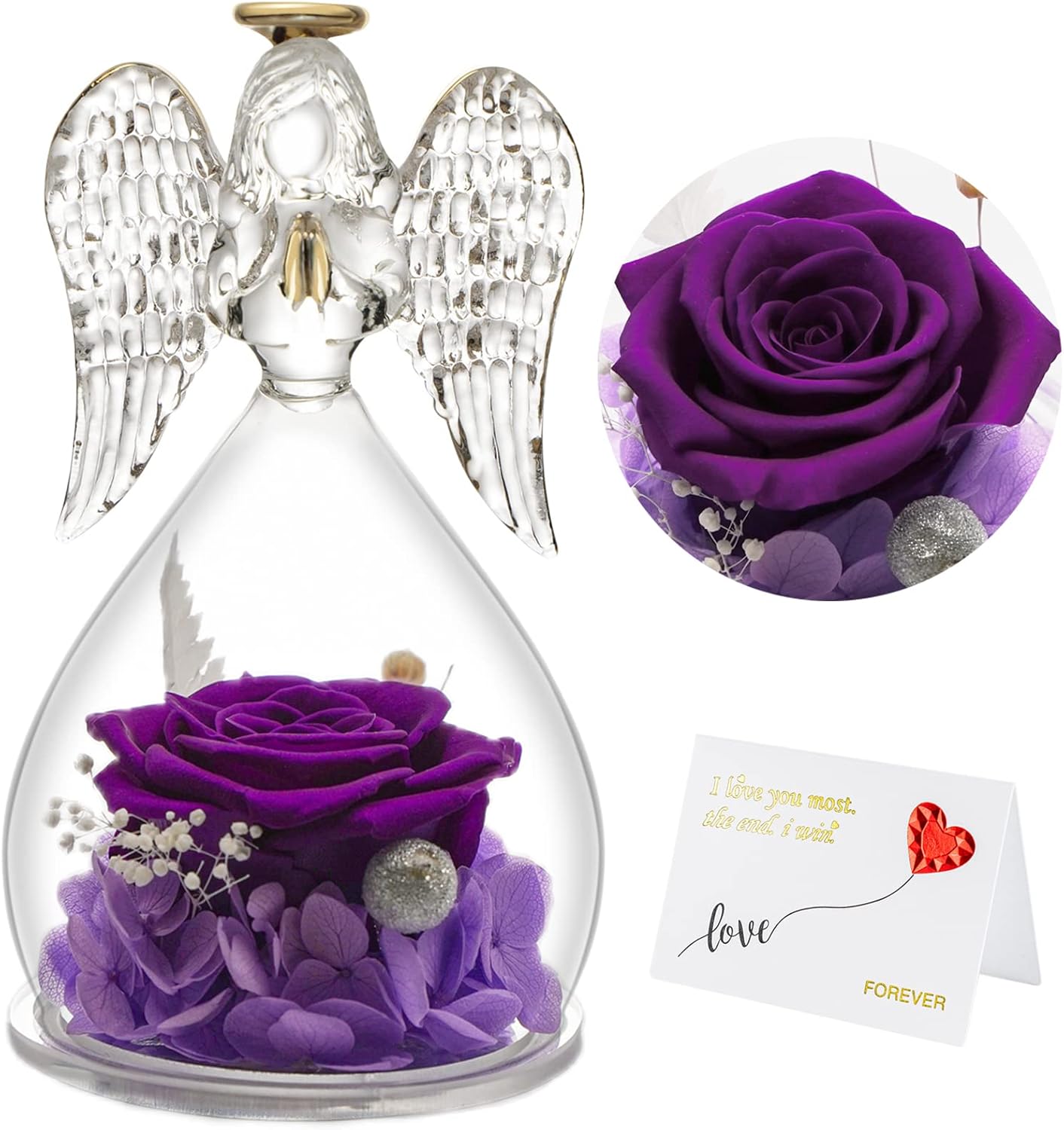 Dried & Preserved Flora - Mom Birthday Gifts for Mom, Angel Figurines with Real Rose Gifts for Her Mom Grandma,Preserved Rose in Glass Angel Figurines for Mothers Day Christmas Anniversary Birthday Gifts for Her (Purple)