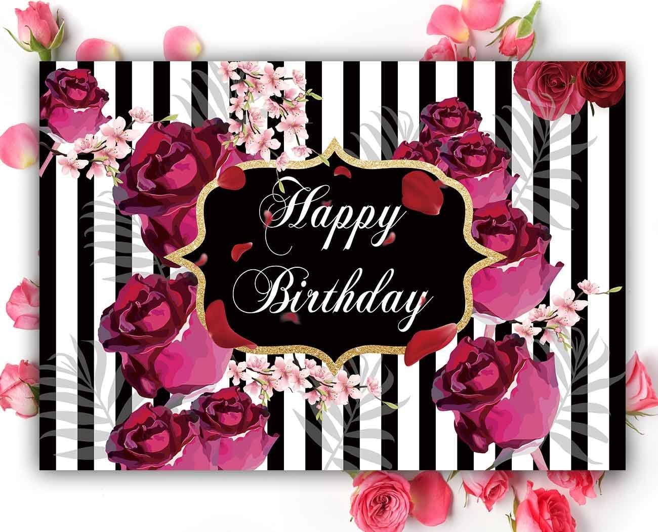 Allenjoy 7x5ft Floral Happy Birthday Party Backdrop Roses Flowers Black and White Stripes Girl Women Adult Photography Background Sweet 16 Cake Table Decorations Banner Photo Booth