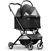 Pawccoli 4 Wheels Pet Stroller, Dog Stroller for Small/Medium Dogs and Cats up to 33 lbs, One-Click Fold &amp; Draggable, Removable Carrier, Zipperless Entry, Mesh Windows, Black