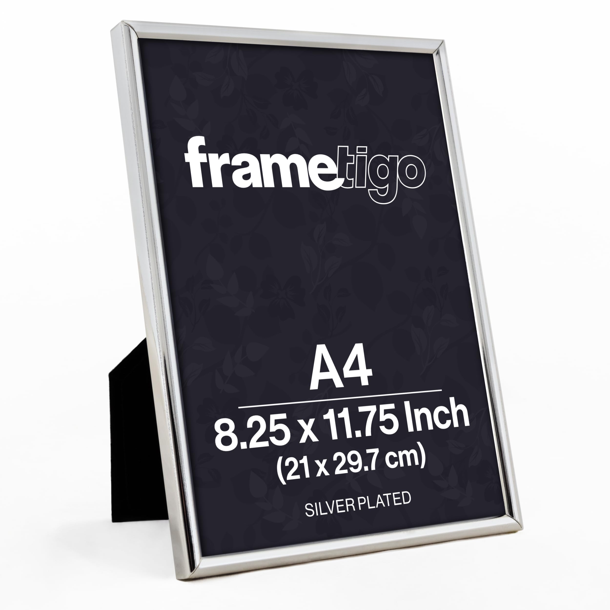 Frametigo - Silver Plated Thin Edge Photo Frame, A4/8.25"x11.75" (21x29.7cm) Photo Size - Velvet Frame Backing & Stand - Real Glass Window - Tarnish-Resistant - Landscape or Portrait Orientation