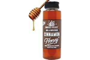 HONEY FEAST Organic Cinnamon Honey - Raw and Cold Packed - 12 Ounces - Small Batch Beekeeper Honey