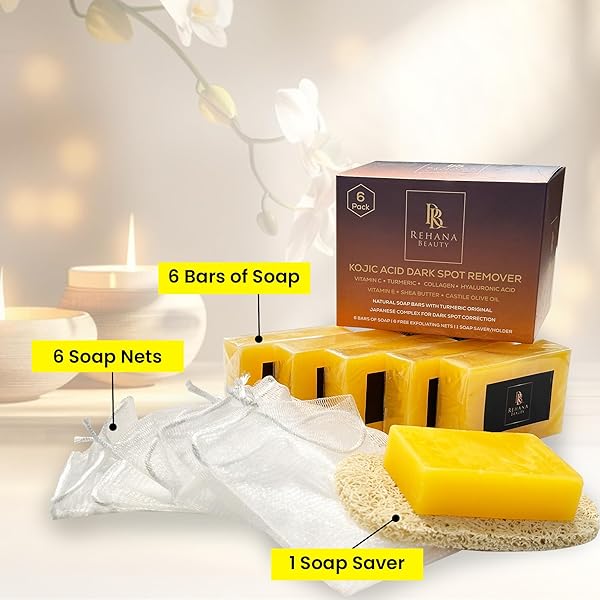 REHANA BEAUTY NATURAL KOJIC ACID SOAP, BRIGHTENING & CLEANSING FACE & BODY – 6 PACK (100G EACH) – DARK SPOT REMOVER WITH LEMON, TURMERIC, VITAMIN C, AND RETINOL – ORIGINAL JAPANESE FORMULA KOJIC SOAP