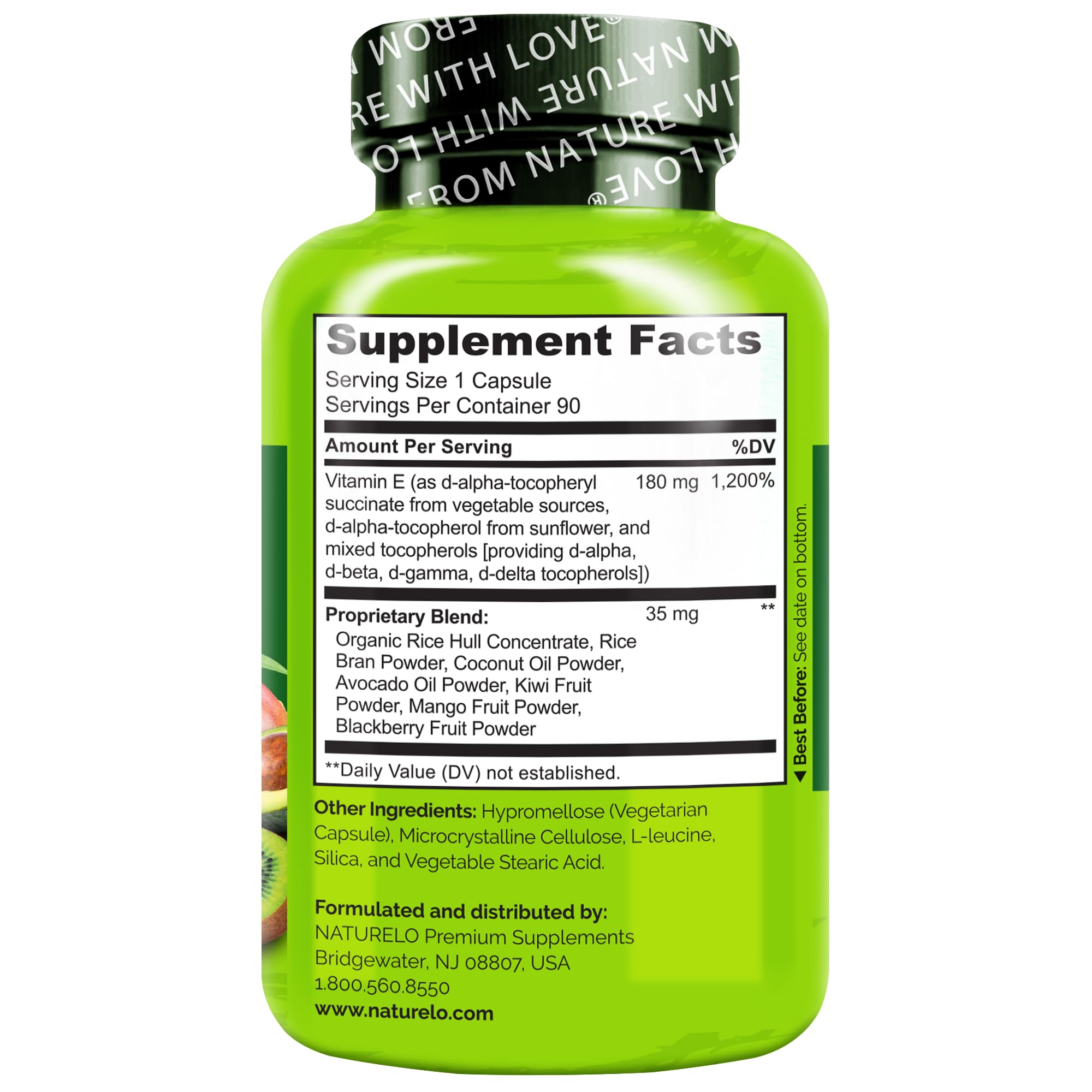 NATURELO Vitamin E - 180 mg (300 IU) of Natural Mixed Tocopherols from Organic Whole Foods - Supplement for Healthy Skin, Hair, Nails, Immune & Eye Health - Non-GMO, Soy Free - 90 Vegan Capsules