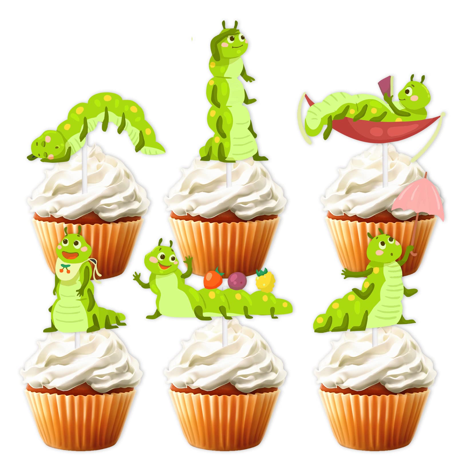 Photo 1 of 18pcs Green Glitter Caterpillar Dessert Cupcake Topper Hungry Caterpillar Baby Shower Reading Story Theme Decor Supplies Boys Girls Happy Birthday Decorations