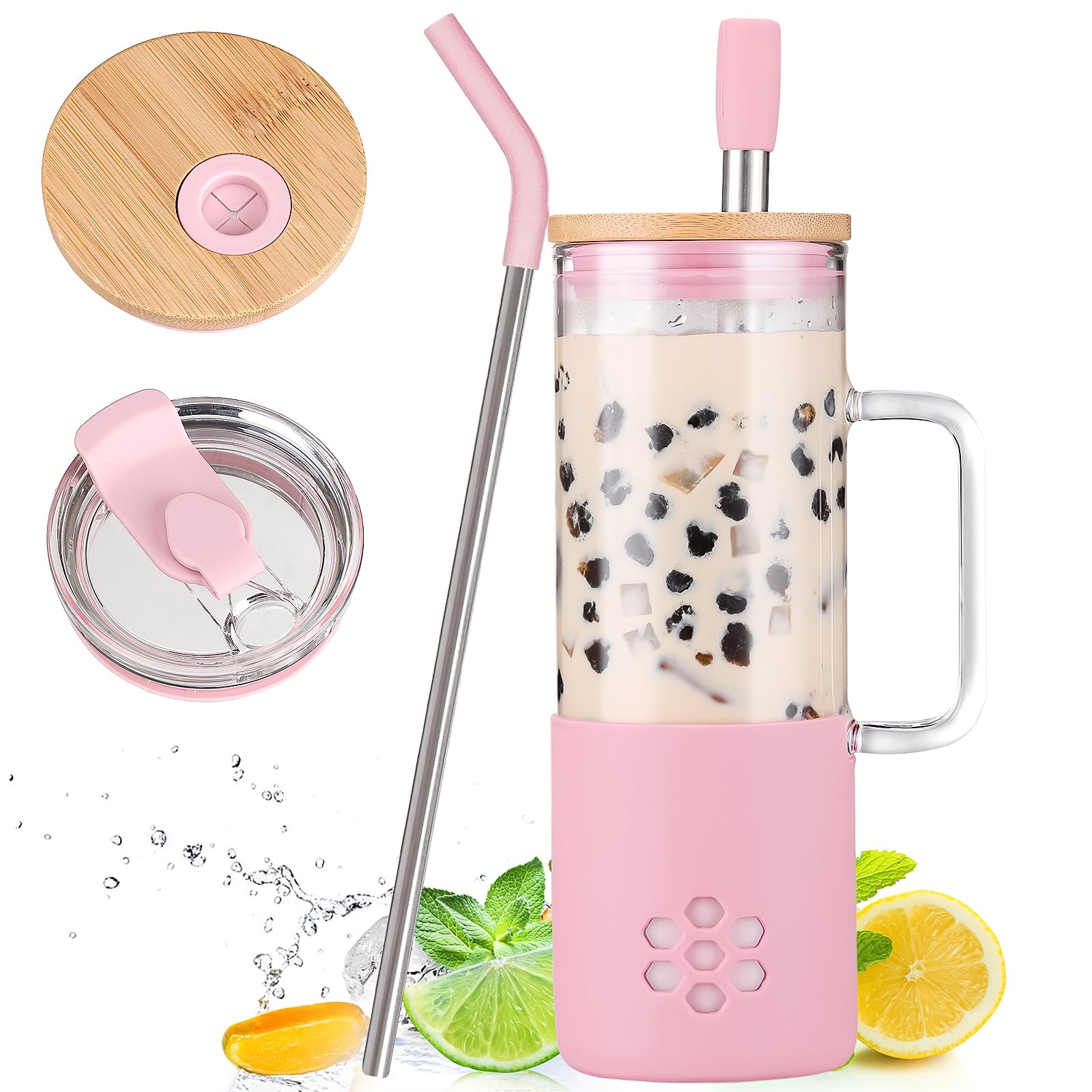 BLUEGO 600ml Glass Cup with 2 Lids and Handle, Cute Glass Tumbler with Straws and Silicone Sleeve, Iced Coffee Cup, 0.6L Smoothie Tumbler, Reusable Bubble Tea Cup, Travel Mug,Pink