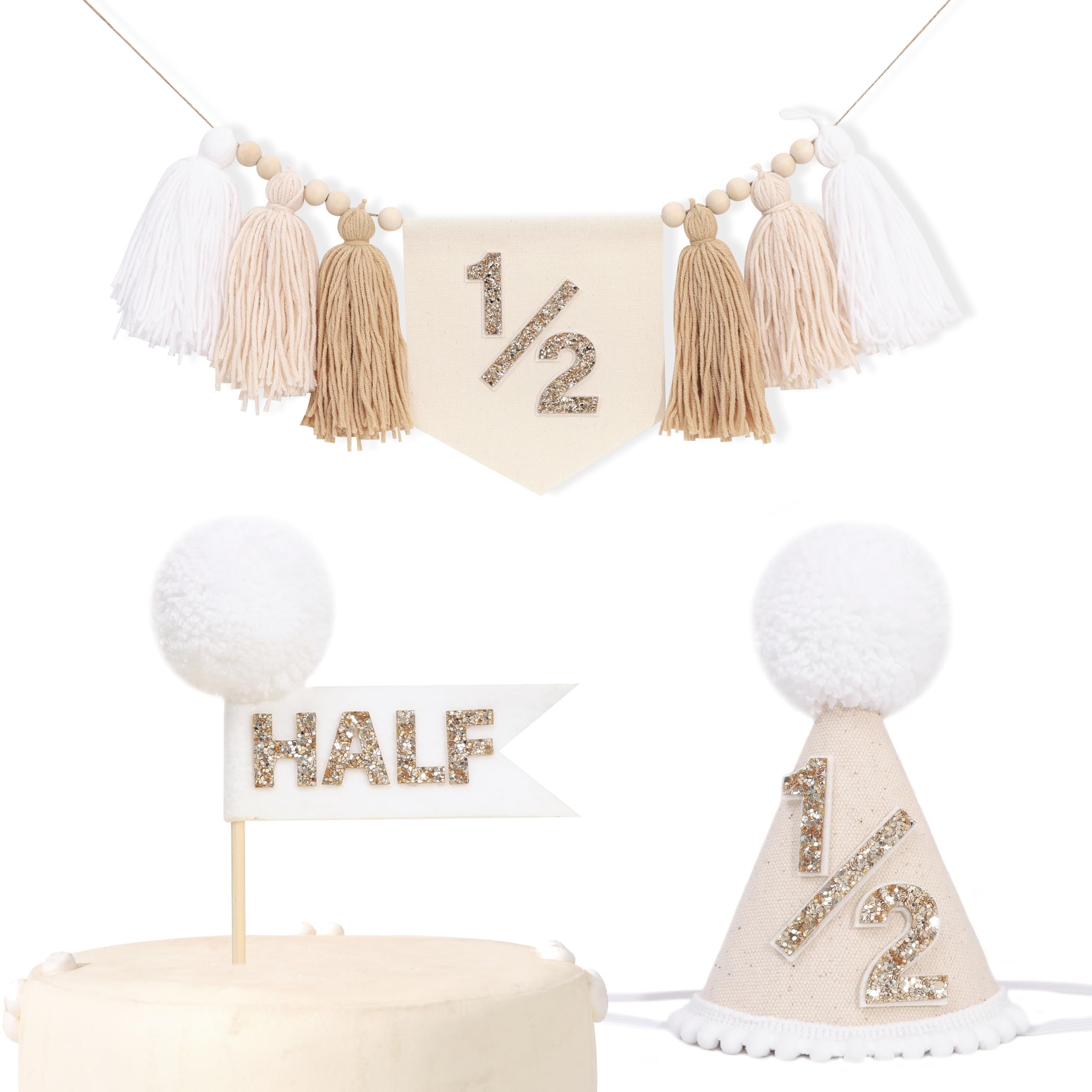 Photo 1 of 1/2 Birthday Party Decoration Set - Beige White Tassel High Chair Banner,Half Way to One Cake Topper,Glitter 1/2 Birthday Hat,Banner Cake Topper Hat 6 Months Party Supplies