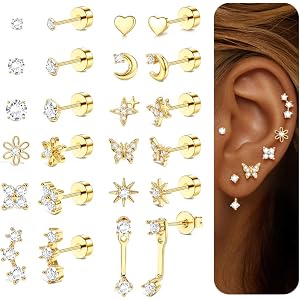 Gold Earring Stacks Surgical Steel Flat Back Stud Earrings for Women | hypoallergenic 12 Pairs for Sensitive Ears 20G Cartila