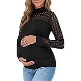Yousify Women's Lace Long Sleeve Maternity Shirts Mock Neck Slim Fit Tunic Tops Ruched Eyelet Pregnancy Clothes