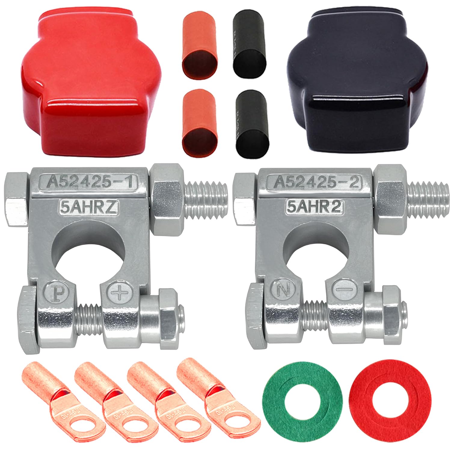 Photo 1 of DLronwey Battery Terminal Connectors,Military Spec Positive Negative Heavy Duty Battery Terminals with 4 pcs 2 Gauge 3/8" Copper Lugs,4 Heatshrink,2 Cover and Anti Corrosion Washers