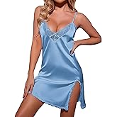 Ekouaer Nightgowns for Women Sexy Lingerie Satin Sleeveless Babydoll Nightie Lace Chemise Silk Sleep Dress Clear Blue M