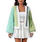 COOLOYA Women's Color Block Open Front Rainbow Light Cardigan Long Sleeve Chunky Knit Sweater Loose Cropped Tops