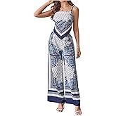 MakeMeChic Women's 2 Piece Boho Outfit Paisley Print Tie Backless Crop Tops and Wide Leg Pants Matching Set