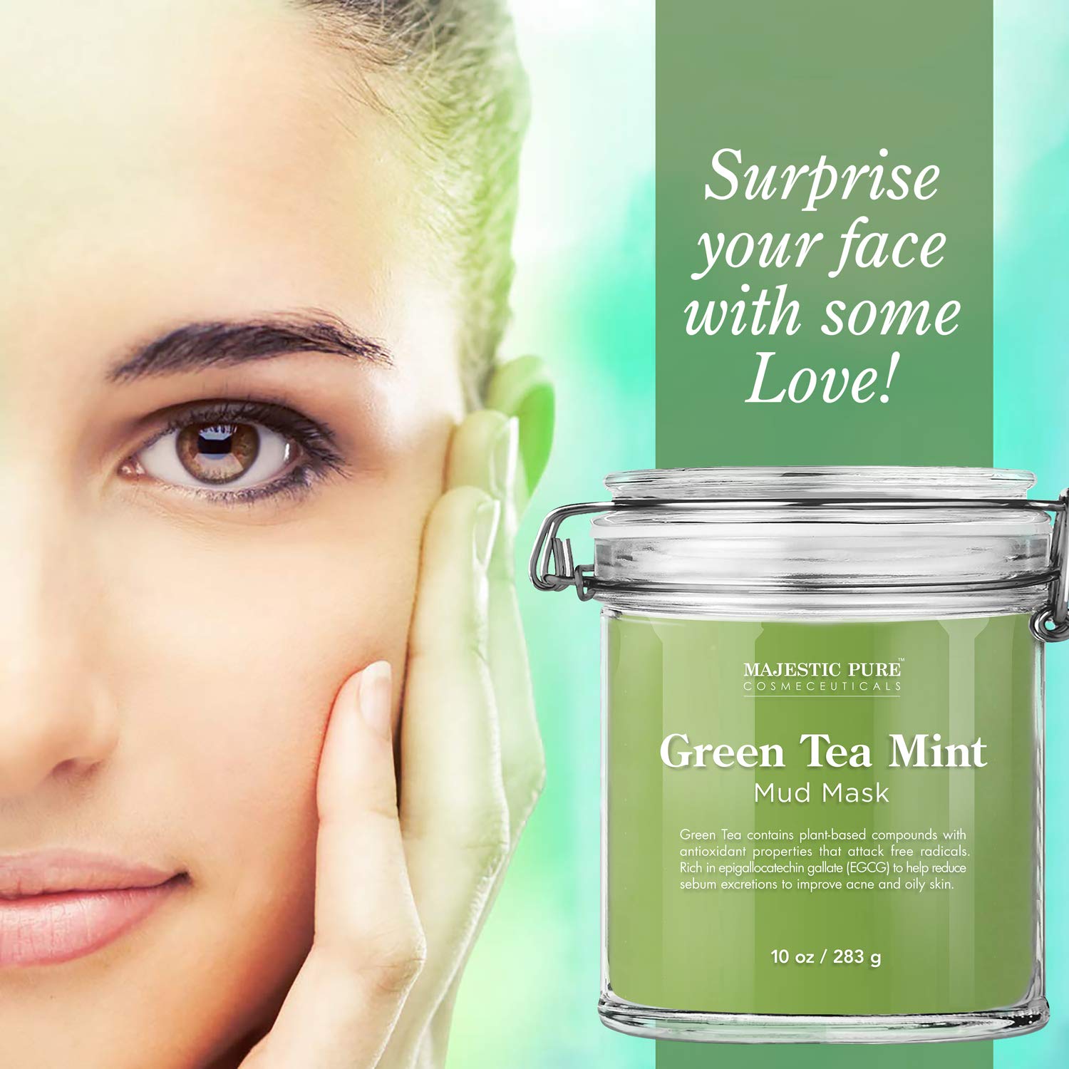 Majestic Pure Green Tea Mint Mud Mask - Exfoliating Facial Face and Skin Mask for Blackhead and Acne - Rich in Antioxidant, Fight Free Radicals, 10 oz : Beauty