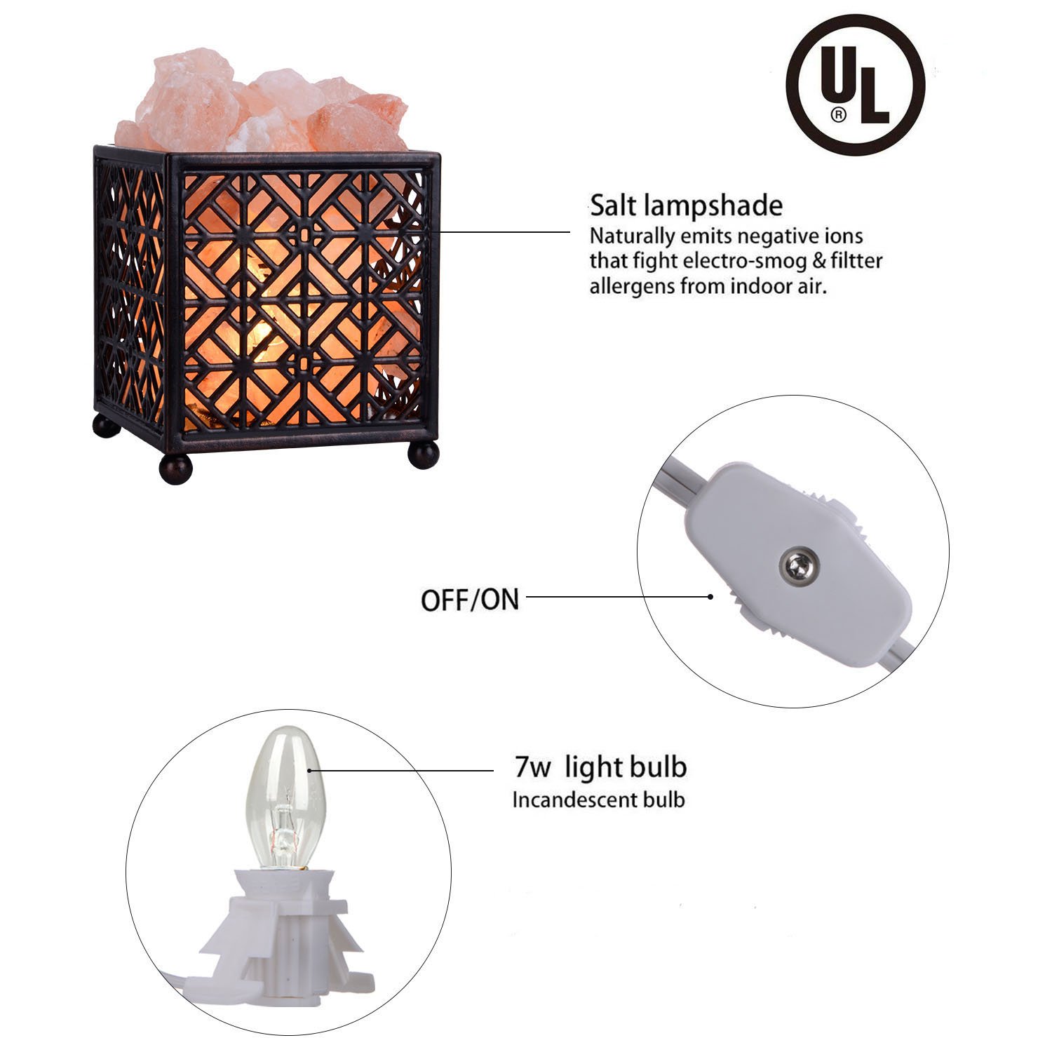 Himalayan Salt Lamp,CREATIVE DESIGN Salt Lamp Natural Salt Rock Lamp with Metal Basket for Air Purifying, Included UL Cord, On/Off Switch and Bulbs. (5’’Height, 4 – 4.8 lbs)
