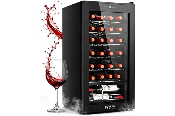 BODEGACOOLER 28 Bottle Compressor Wine Cooler for Home and Kitchen, Freestanding Mini Fridge with Digital Touchscreen, LED Display,Split Storage for Red & White Wines,Matte Black Refrigerator Home Bar