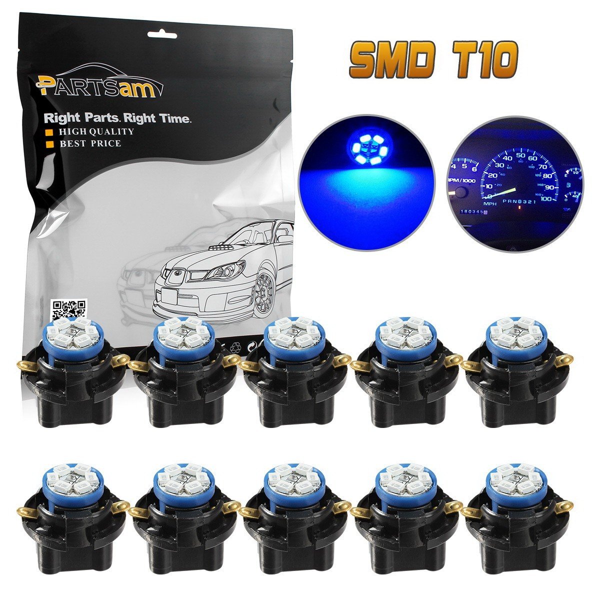 Partsam T10 194 LED Light Bulb Instrument Panel Gauge Cluster Dashboard LED Lights with 5/8" Sockets Replacement Sets-10Pcs Blue