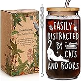 Christmas Cat Book Lovers Bookish 16oz Glass Cups with Lid & Straw Gifts for Bookworm Readers Women, Best Reading Accessories Gift for Cat Lover - Reading Writer Women Glass Cup Book Club Gifts