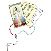 Divine Mercy Chaplet Prayer Card - Divine Mercy Rosary, The Lord's Prayer Card - Red and Blue Divine Mercy Rosary Beads Catholic Prayer Accessory - Rosario De La Divina Misericordia - 3 Items Set