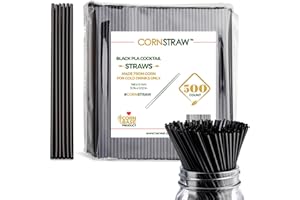 HARVEST PACK GOURMET SHOWCASE [500 COUNT] CORNSTRAW 5" Short Cocktail Straws, Black PLA Cornstarch Plastic-Free Disposable Small Drink Stirrer, Swizzle Sticks, Mixer, for Cold Drinks, whiskey, Bar, Club, Party