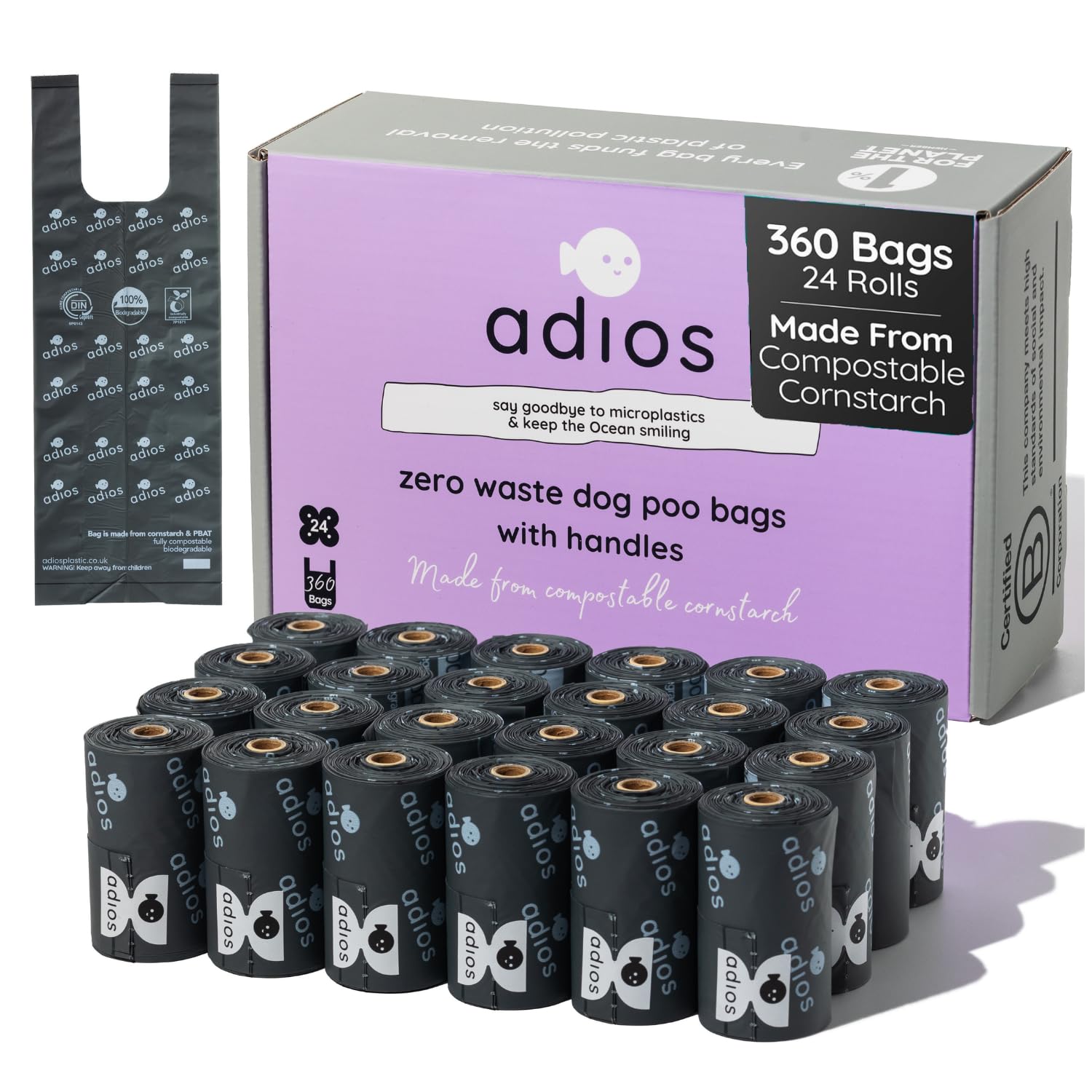 Adios Plastic - Compostable Dog Poop Bags with Handles, 360 Count (24 Rolls) - Grey - Extra Thick, Leakproof, Odour Proof Dog Waste Bags - Made from Compostable Cornstarch - Easy Tear Rolls