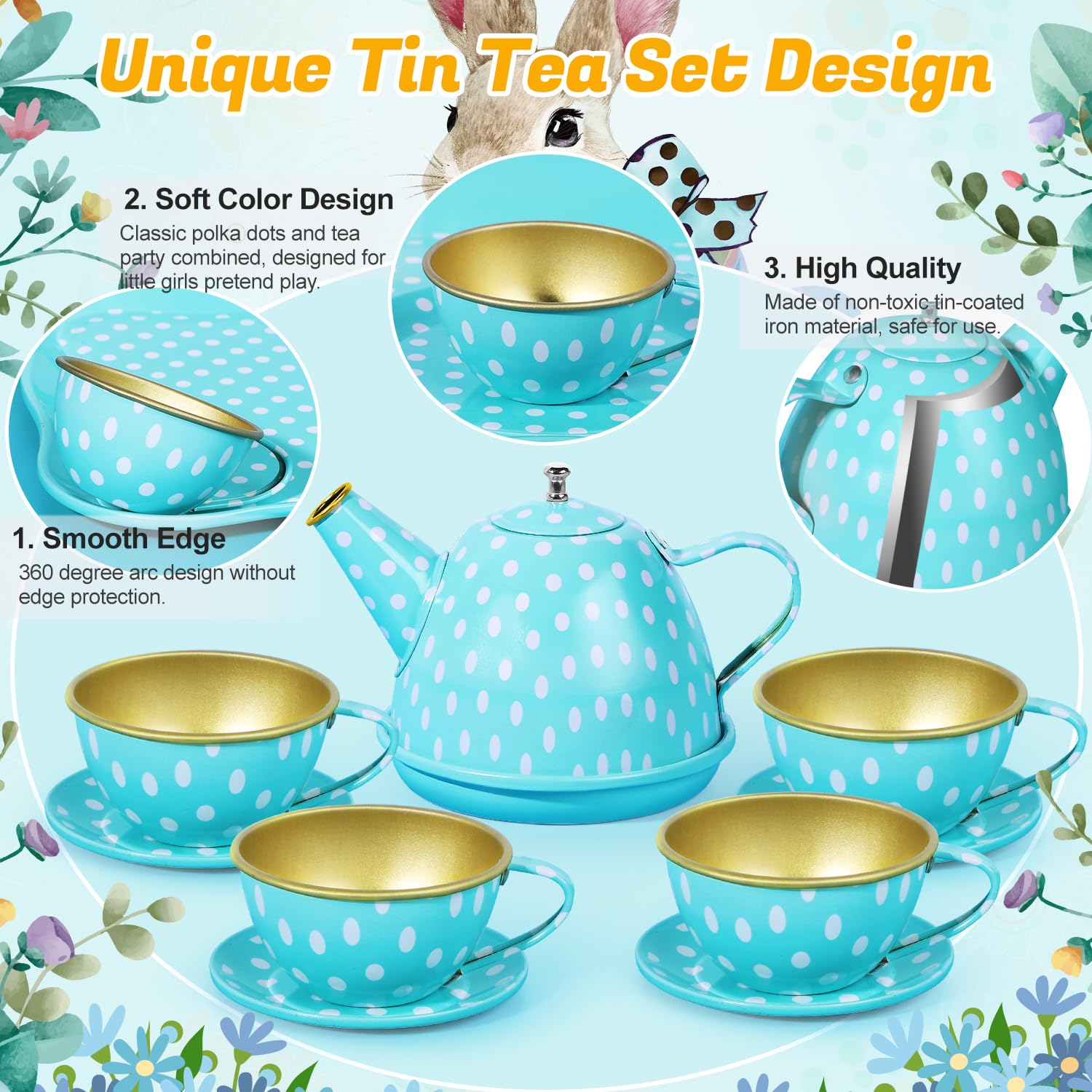 Tea Party Set for Little Girls, 49PCS Princess Tea Time Toys Including Tea Set Dessert Carrying Case, Kids Kitchen Pretend Playset (Bunny Tea Party Set Blue)