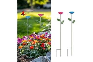 Yonisun 2 Pack Bee Watering Station,Colorful Metal Insect Bath Feeder for Garden, Butterfly Feeder and Bird Drinking with Flower Design, Outdoor Yard Decor (Red, Blue)