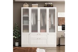 Hitow Large Wardrobe Cabinet, Wooden Armoire Closet with Frosted Glass Doors, Bedroom Wardrobe with 2 Drawer & Hanging Rod for Storage Organize, Wood Grain (63" W x 19.7" D x 70.9" H)