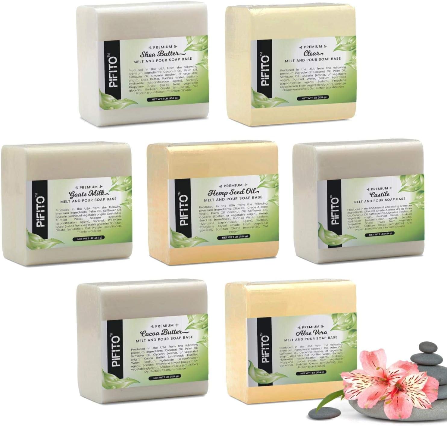 Pifito Melt and Pour Soap Base Sampler (7 lbs) │ Assortment of 7 Bases (1lb ea) │ Hemp Seed Oil, Clear, Aloe Vera, Goats Milk, Cocoa Butter, Shea Butter, Castile │ Glycerin Soap Making Supplies: Arts, Crafts & Sewing
