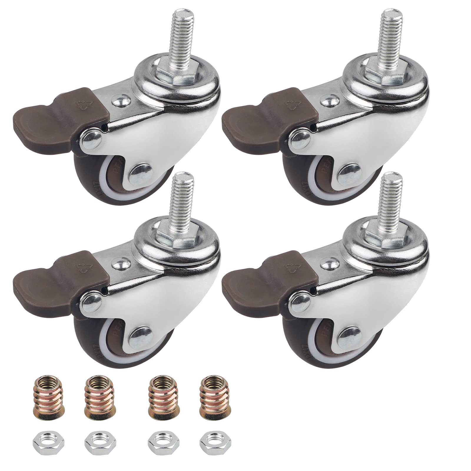 DBREAKS 25 mm Swivel Castor, 4 Pieces Transport Castors, M6 x 15 mm Swivel Castor with Thread, Furniture Castor with Brake made of TPE, Capacity 88 kg Total Rubber Castor for Small Appliances