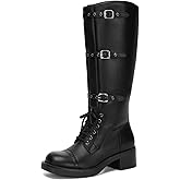 Athlefit Women's Knee High Boots Wide Calf Buckle Riding Boots Square Toe Lace Up Chunky Low Heel Booties